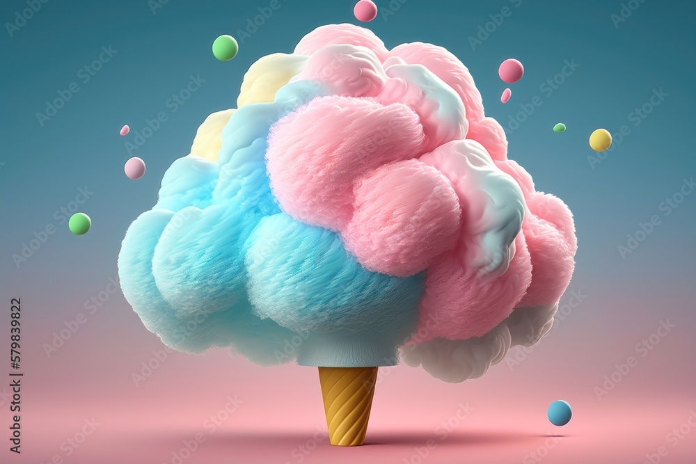 Realistic pink and blue cotton candy on blue background. AI Generation