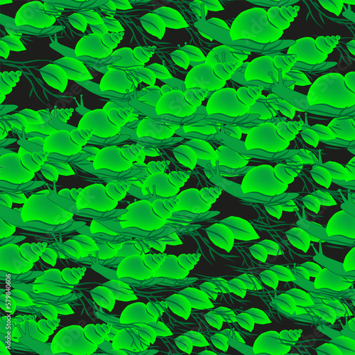 Green Snails and Leaves Seamless Pattern Background
