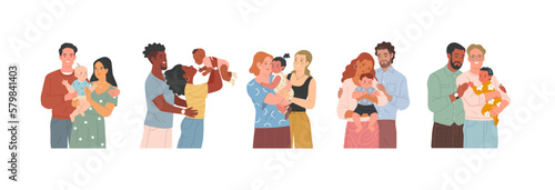 Parenthood and adoption. Vector cartoon illustration in flat style of set of young adult diverse straight and gay couples holding a baby in their arms. Isolated on white © nadzeya26