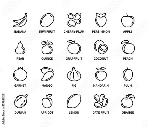 Fruits vector linear icons. Isolated collection of fruit icon for web sites on white background. Vector symbol set of healthy food.