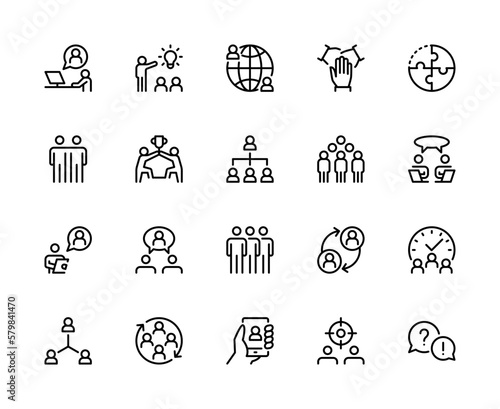 Teamwork vector line icons. Isolated icon collection on white background. Team work symbol vector set.