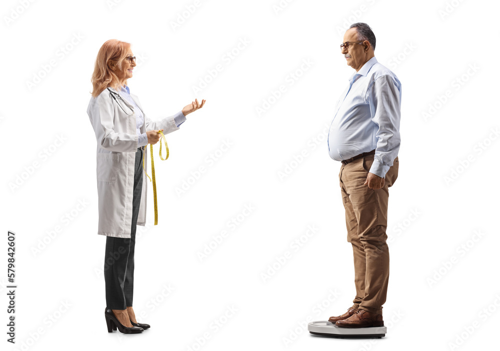 Full length profile shot of a female doctor talking to a mature man standing on a weight scale Full length profile shot of a female doctor talking to a mature man standing on a weight scale