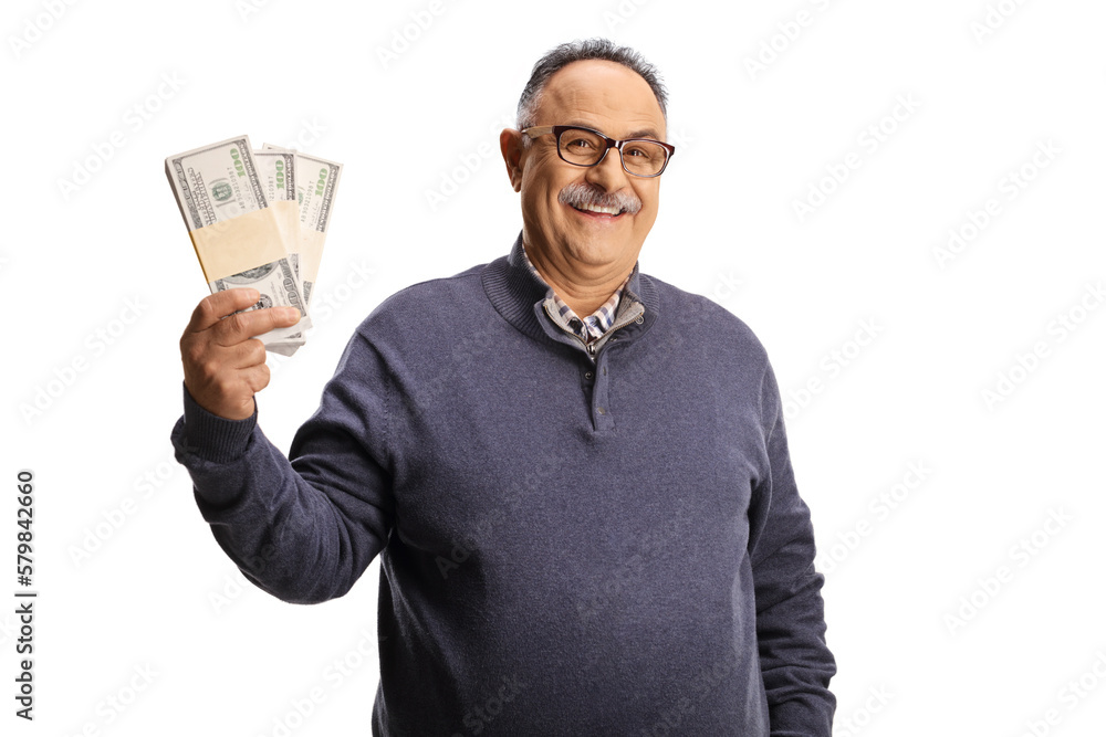 Mature man holding stacks of money and smiling Mature man holding stacks of money and smiling