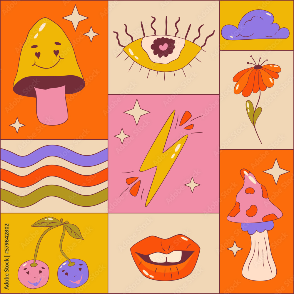Trippy graphic poster with retro groovy elements. Poster square with lips, flower, cherry and wave. Trippy groovy 70s graphic. Cartoon vector illutration