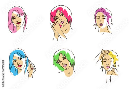 Set 4 Female avatar vector lineart illustration with color shapes. Woman Minimalist Logo.