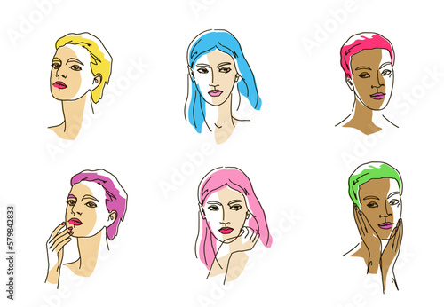 Set 3 Female avatar vector lineart illustration with color shapes. Woman Minimalist Logo.