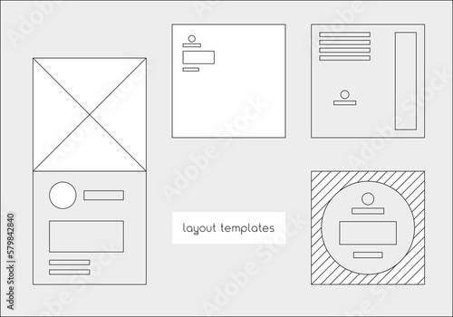 Grid layout templates for banner design, flyers, poster, label designs. Outline template of samples. Vector mockup compositions. Line frame examples for UX, UI. Graphic plan of marketing materials.