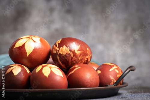Close up of Easter eggs dyed with onion peels