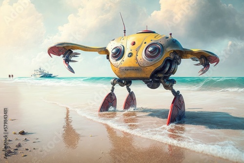 Robot lifeguard drone patrolling the shoreline. Generative ai.