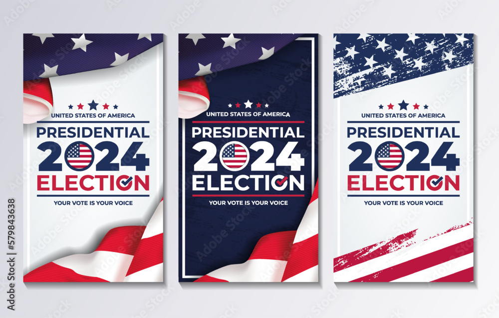 set of vertical illustration vector graphic of united states flag, election and year 2024