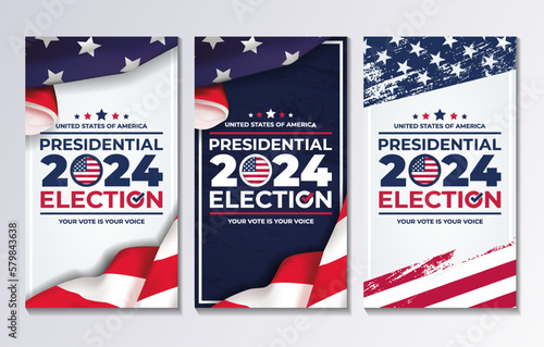 set of vertical illustration vector graphic of united states flag, election and year 2024 perfect for presidental election day in united states, united states flag