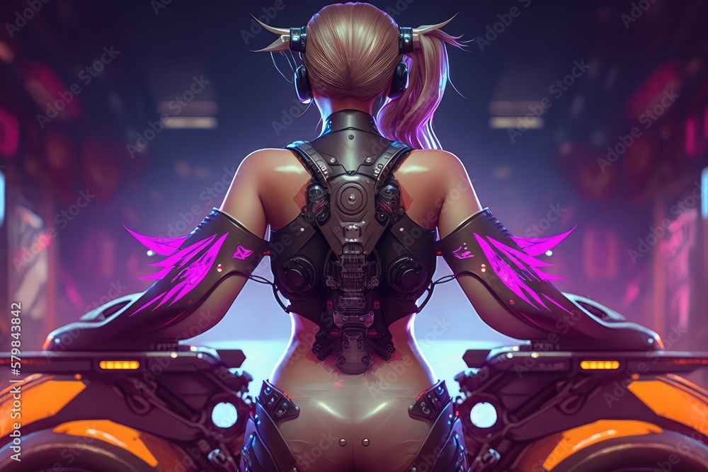 Back view of mecha girl wearing futuristic costume, cyberpunk style. Created with generative Ai technology