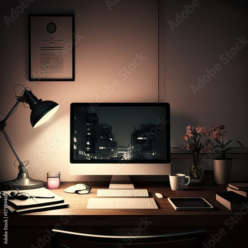 Shot of a Desktop computer and keyboard and mouse in the Creative Modern Office. Blank screen desktop computer minimal office