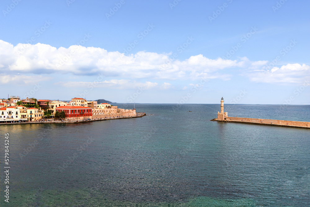 Landmarks of Crete - Beautiful venetian town Chania in Crete island. View of the old port of Chania, Greece.