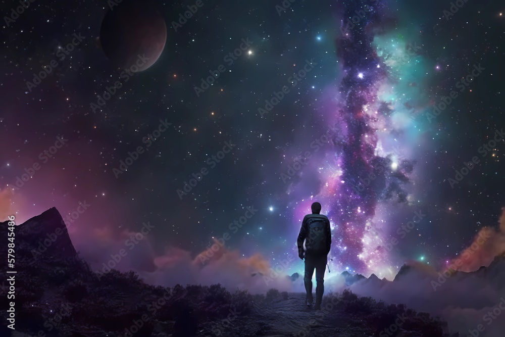 Naklejka premium a backpacker of the cosmos comes upon the stars colliding, Generative AI