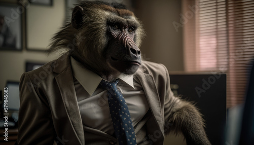 a baboon dressed in a business suit, generative ai photo