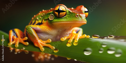 a tropical tree frog on a large wet leaf, generative ai