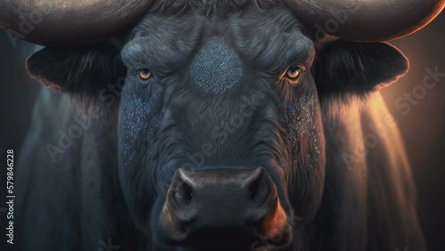 The fierce face of the black bull with the strong eyes  AI generated