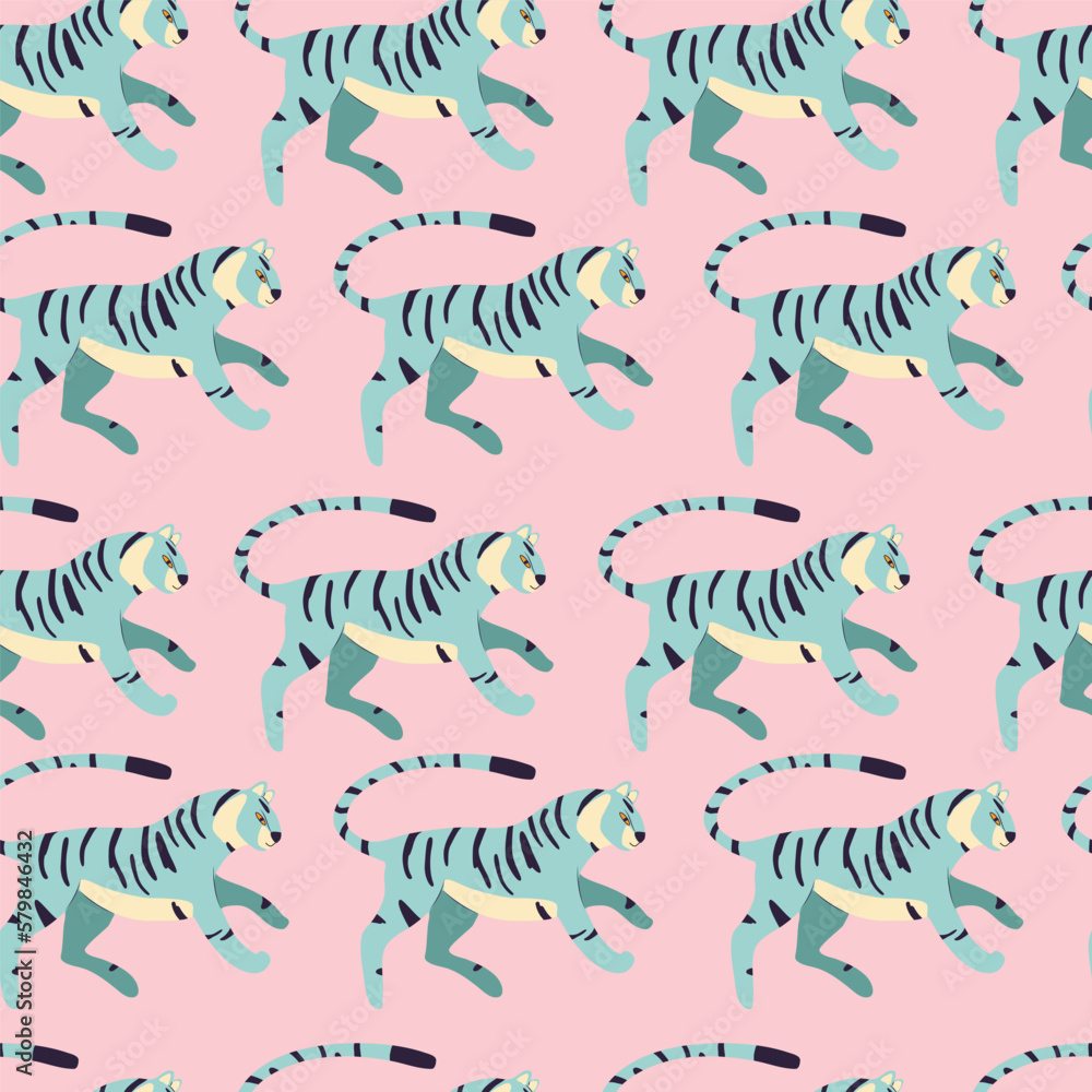Obraz premium Seamless pattern with hand drawn exotic big cat tiger, in light blue, on vibrant pink background. Colorful flat vector illustration