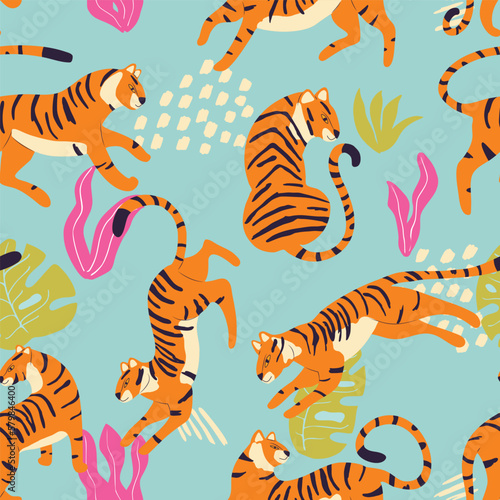 Seamless pattern with hand drawn exotic big cat tiger, with tropical plants and abstract elements on light blue background. Colorful flat vector illustration