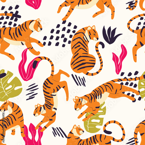 Seamless pattern with hand drawn exotic big cat tiger  with tropical plants and abstract elements on cream background. Colorful flat vector illustration