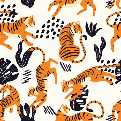 Seamless pattern with hand drawn exotic big cat tiger, with tropical plants and abstract elements on cream background. Colorful flat vector illustration