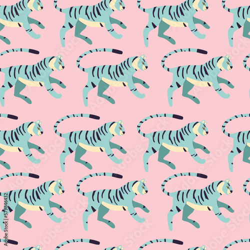 Seamless pattern with hand drawn exotic big cat tiger  in light blue  on vibrant pink background. Colorful flat vector illustration