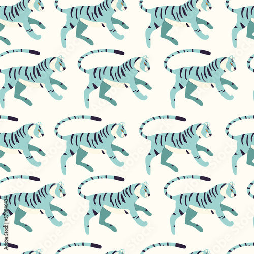 Seamless pattern with hand drawn exotic big cat tiger  in light blue on cream background. Colorful flat vector illustration