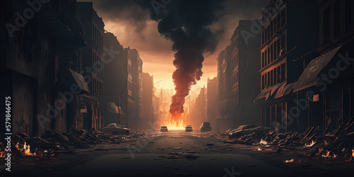 a destroyed city street in flames, generative ai photo