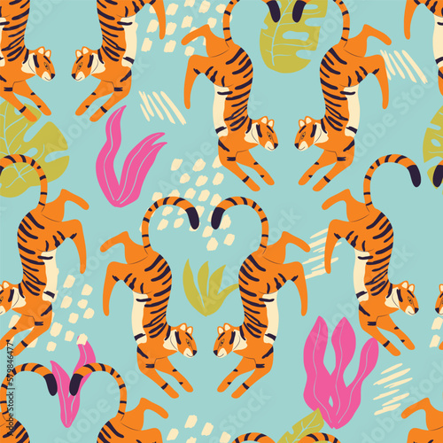 Seamless pattern with hand drawn exotic big cat tiger  with tropical plants and abstract elements on light blue background. Colorful flat vector illustration