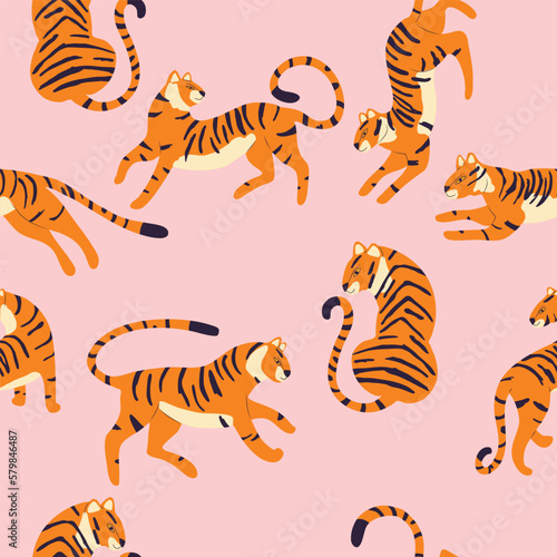 Seamless pattern with hand drawn exotic big cat tiger  on bright pink background. Colorful flat vector illustration
