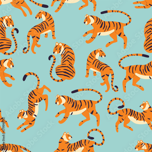 Seamless pattern with hand drawn exotic big cat tiger, on light blue background. Colorful flat vector illustration