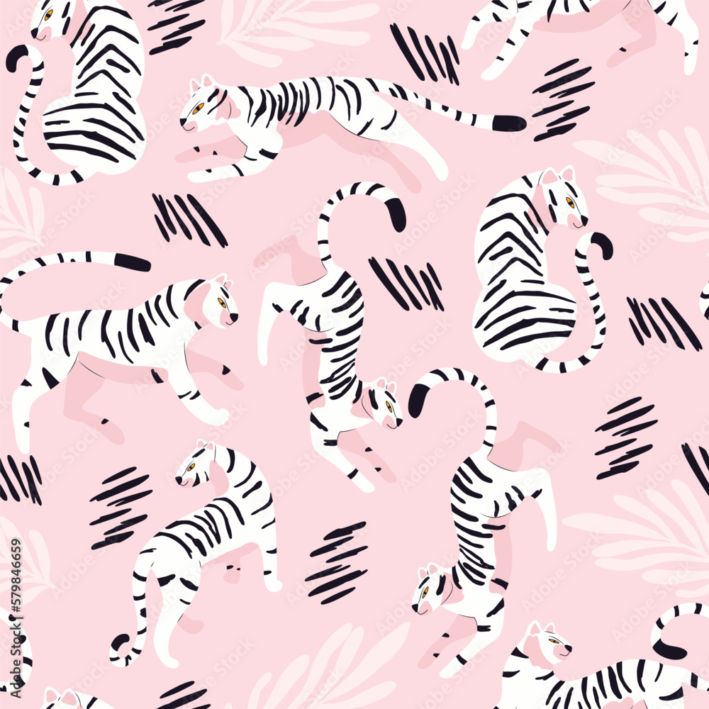 Seamless pattern with hand drawn exotic big cat white tiger, with tropical plants and abstract elements on light pink background. Colorful flat vector illustration
