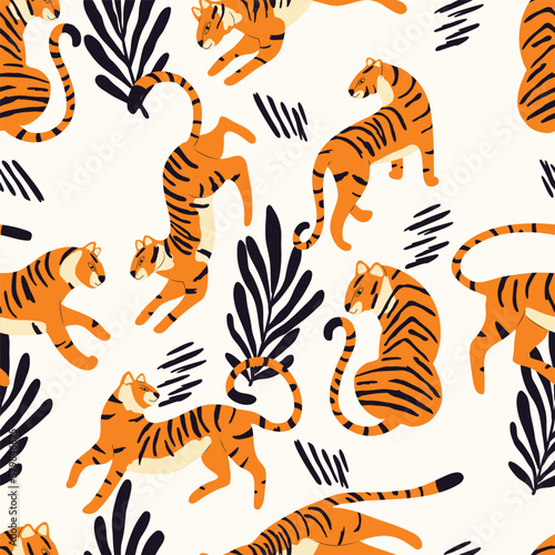 Seamless pattern with hand drawn exotic big cat tiger, with tropical plants and abstract elements on cream background. Colorful flat vector illustration