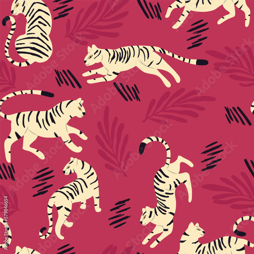 Seamless pattern with hand drawn exotic big cat white tiger  with tropical plants and abstract elements on viva magenta background. Colorful flat vector illustration