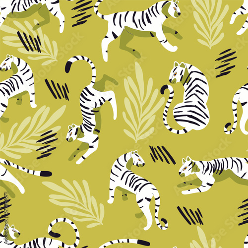 Seamless pattern with hand drawn exotic big cat white tiger, with tropical plants and abstract elements on light green background. Colorful flat vector illustration