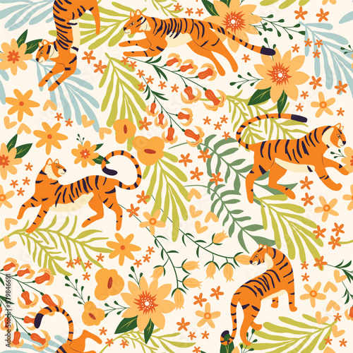 Seamless pattern with hand drawn exotic big cat tiger  with tropical plants  flowers and abstract elements on white background. Colorful flat vector illustration