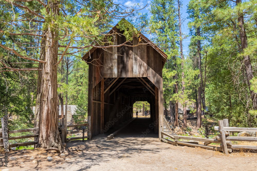 Wawona historic covered bridge in Yosemite National Park, in the Pioneer Yosemite History Center. Wawona historic covered bridge in Yosemite National Park, in the Pioneer Yosemite History Center.