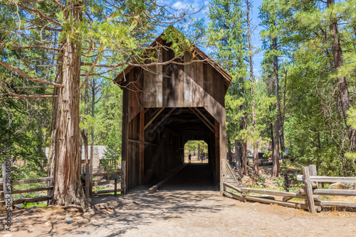 Wawona historic covered bridge in Yosemite National Park, in the Pioneer Yosemite History Center.