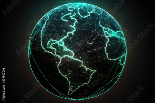 Neon planet Earth in green color on a black background. AI generative.
