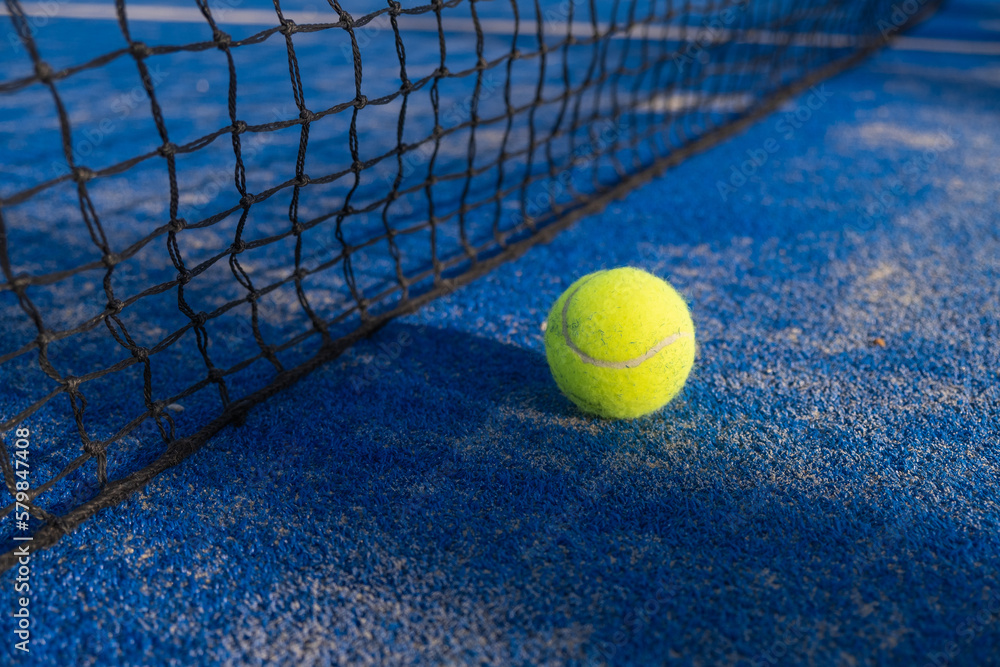 closeup of isolated padel ball with lights and shadows in front of the net