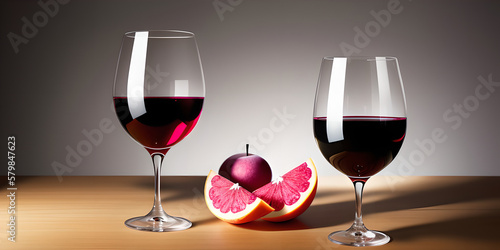 two glasses of wine and a grapefruit on a table,  wine glass, still life photography, generative ai