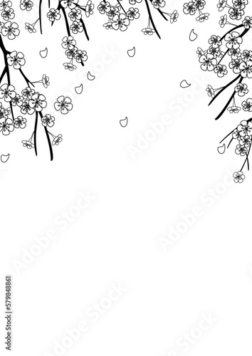 Black and white frame of cherry blossoms and flowers