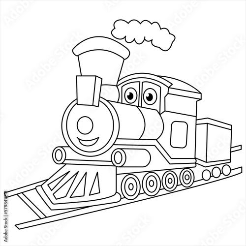 Train Coloring Book For Children. Cartoon Steam Train On Railroad. Locomotive Illustration. Fun Railway Transport