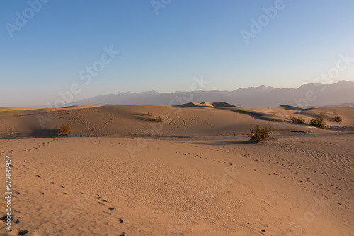 Scenic view on natural ripple sand pattern during sunrise at Mesquite Flat Sand Dunes, Death Valley National Park, California, USA. Morning walk in Mojave desert with Amargosa Mountain Range in back © Chris