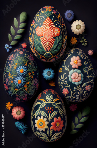 Easter eggs decorated with folk flowers patterns, happy easter concept. Generative AI