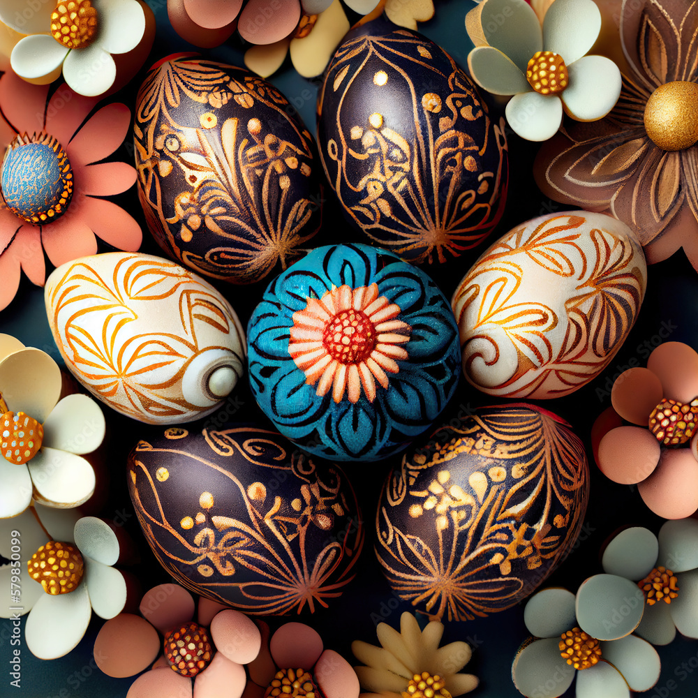 Easter eggs decorated with folk flowers patterns, happy easter concept. Generative AI Easter eggs decorated with folk flowers patterns, happy easter concept. Generative AI