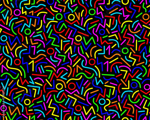 Abstract drawing of geometric shapes in multicolored colors on a black background, hand-drawn, seamless drawing.