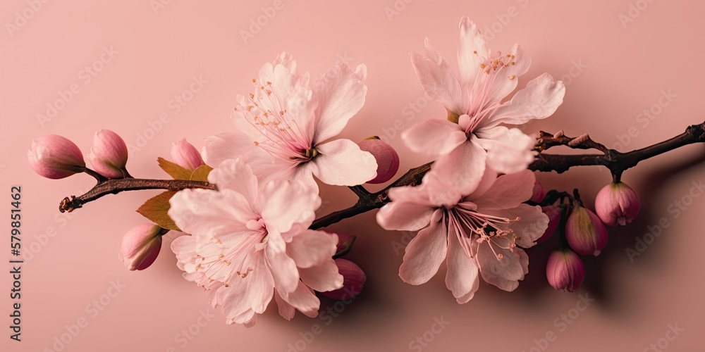 Pink cherry blossom Sakura branch on rose color background wallpaper. Spring blossom. Pastel.