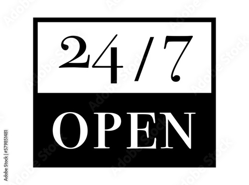 24 hours open sign black color style isolated on white background. Clock, stopwatch, cooking time label. vector 10 eps